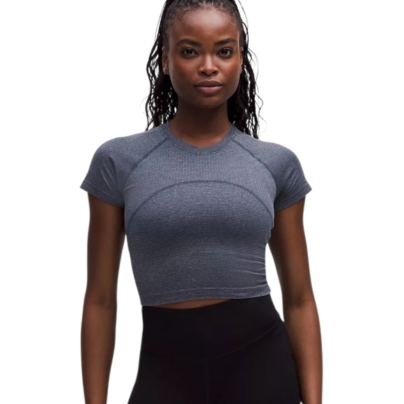 lululemon athletica Tops - Lululemon Swiftly Tech Crop Short Sleeve 2.0 Club Blue White Stripe Size 14 NWT